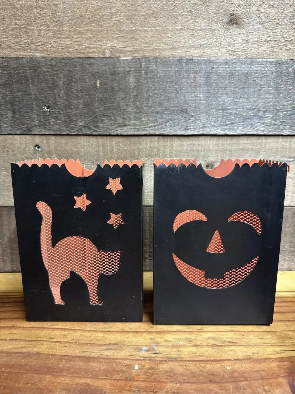 Dept 56 Halloween Metal Luminary Candle Holders Cat/Jack O Lantern Set Of 2